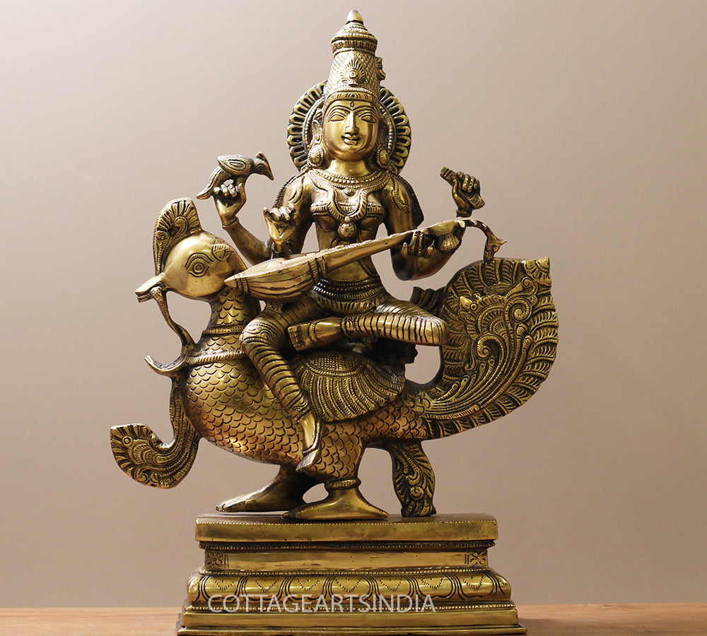 Brass Saraswati on Swan 20"