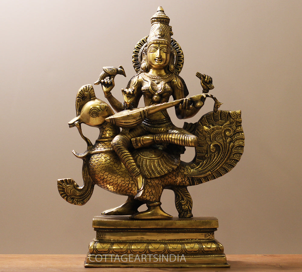 Brass Saraswati on Swan 20"