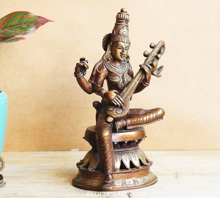 Brass Saraswati on Lotus Stand