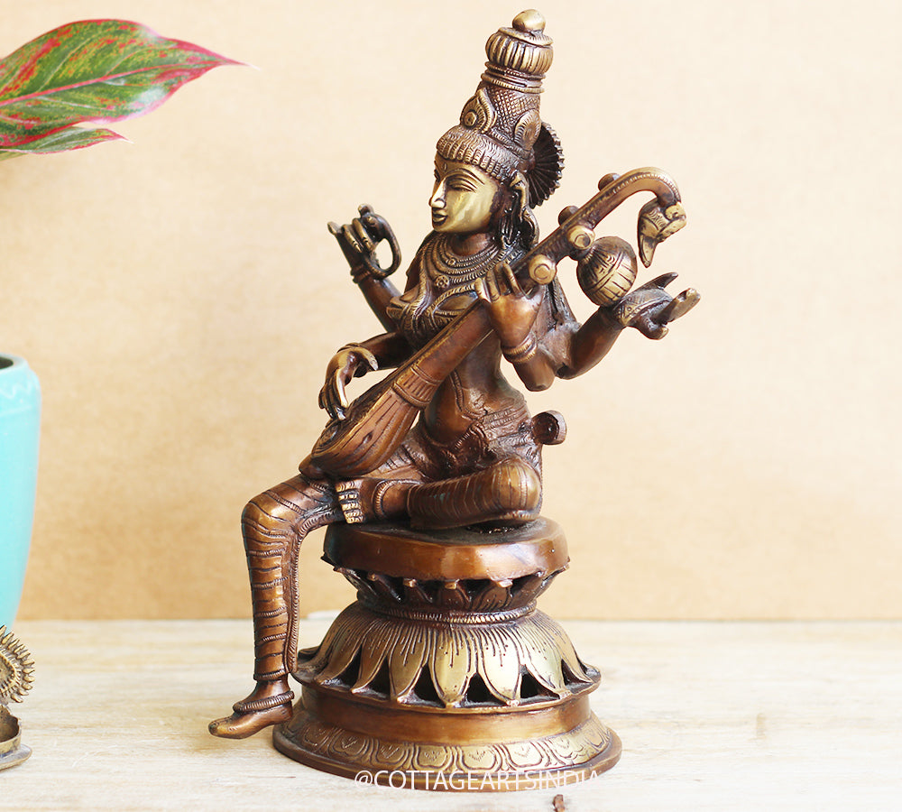 Brass Saraswati on Lotus Stand