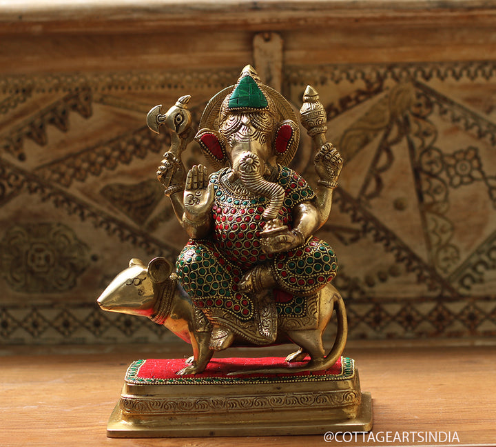 Brass Stonework Ganesh On Rat