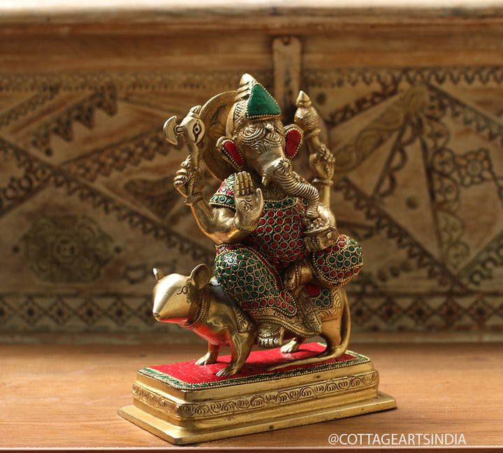 Brass Stonework Ganesh On Rat