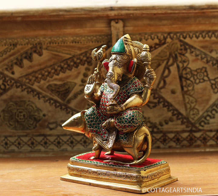 Brass Stonework Ganesh On Rat