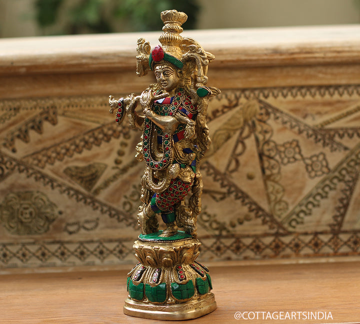 Brass Stonework Krishna 13"