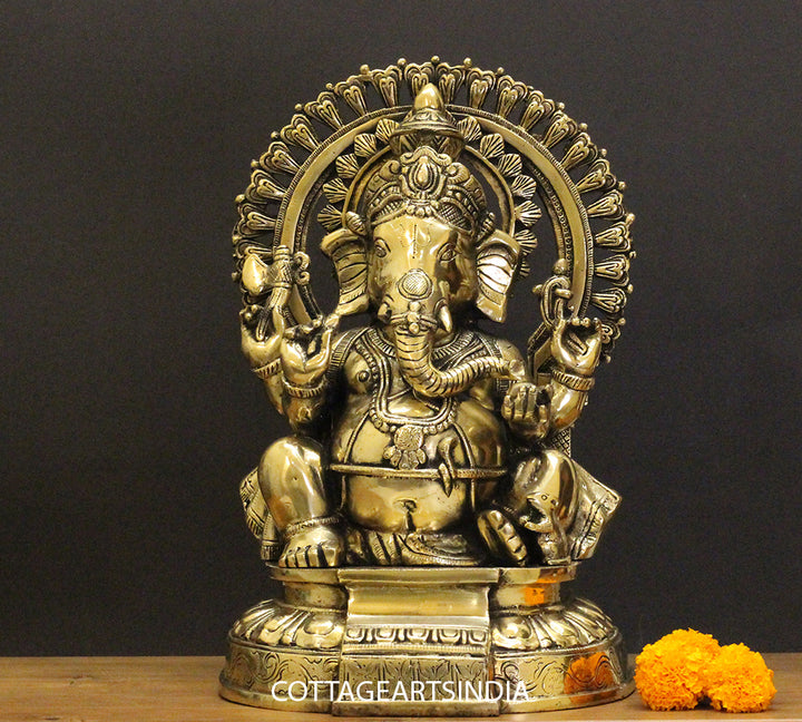 Brass Ganesha With Prabhawal 14"