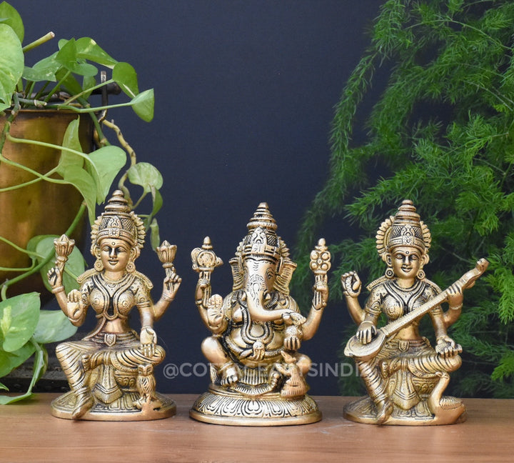 Brass Ganesha Laxmi Saraswati 6.5"