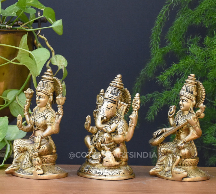 Brass Ganesha Laxmi Saraswati 6.5"