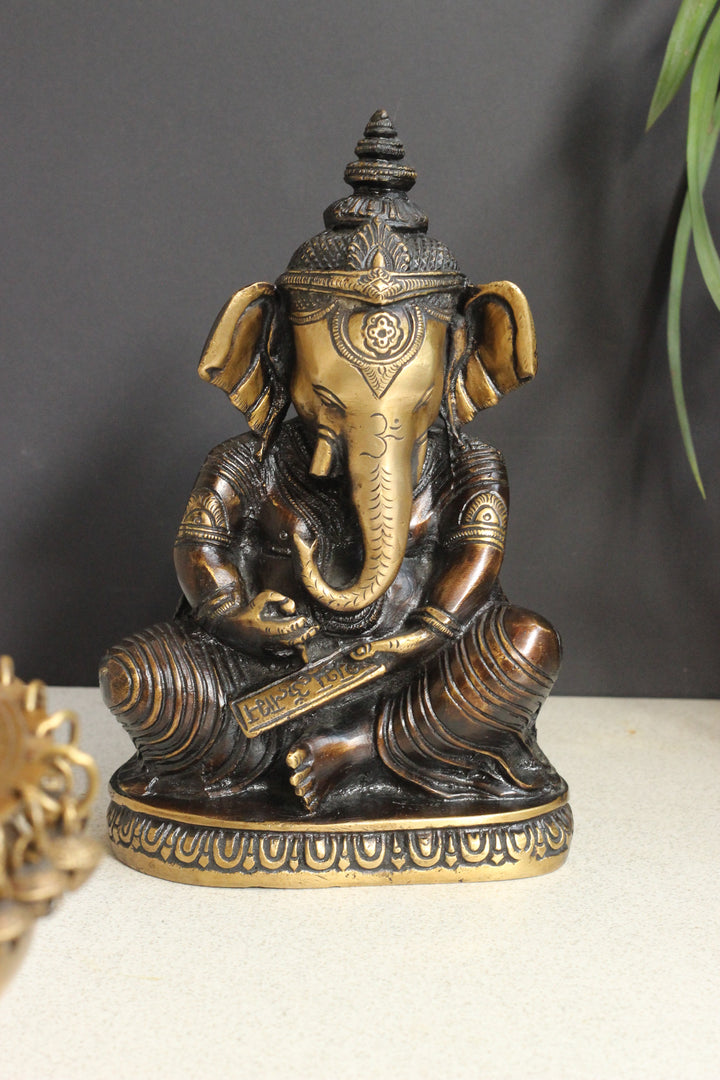 Brass Writing Ganesha 9.5''