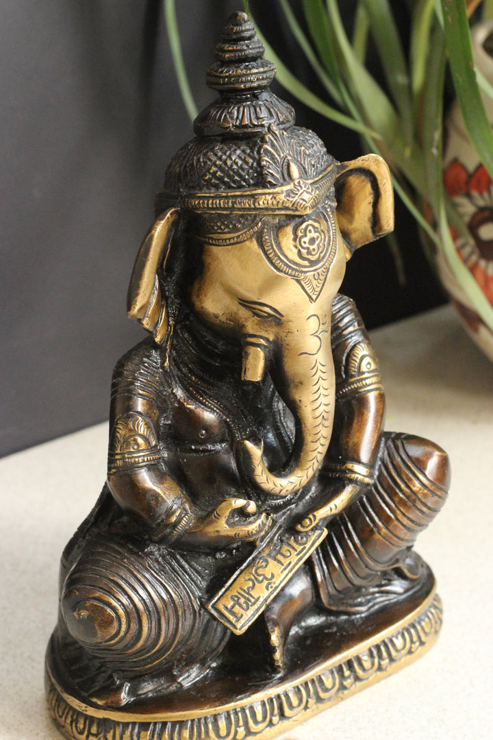 Brass Writing Ganesha 9.5''