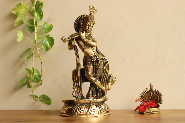 Brass Cow n Krishna 14"