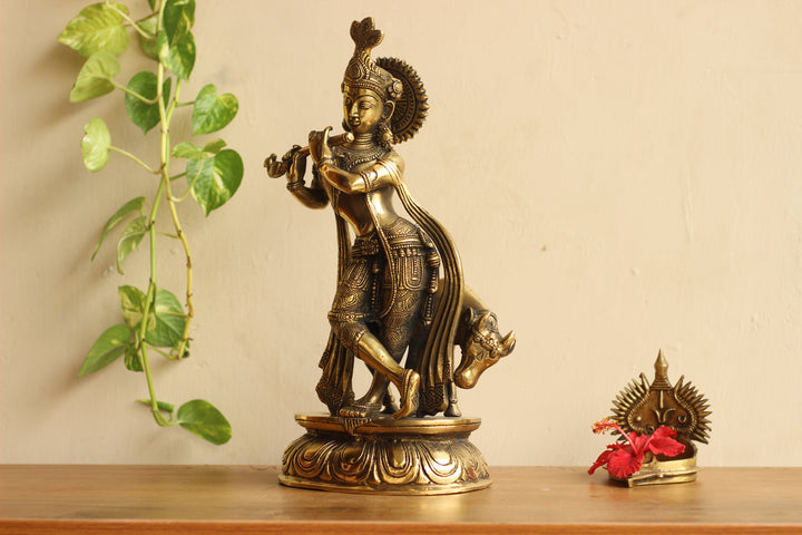 Brass Cow n Krishna 14"