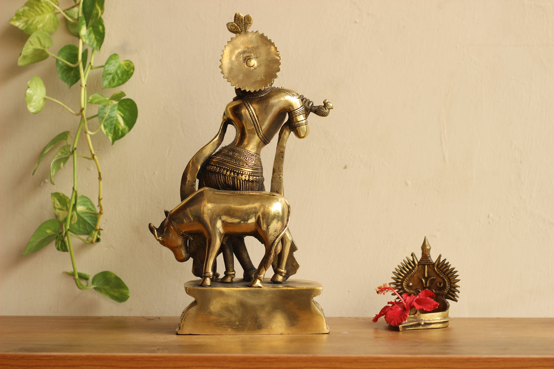 Brass Cow n Krishna 14"