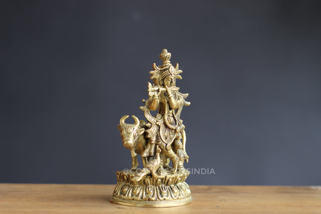 Brass Krishna with Cow 7"