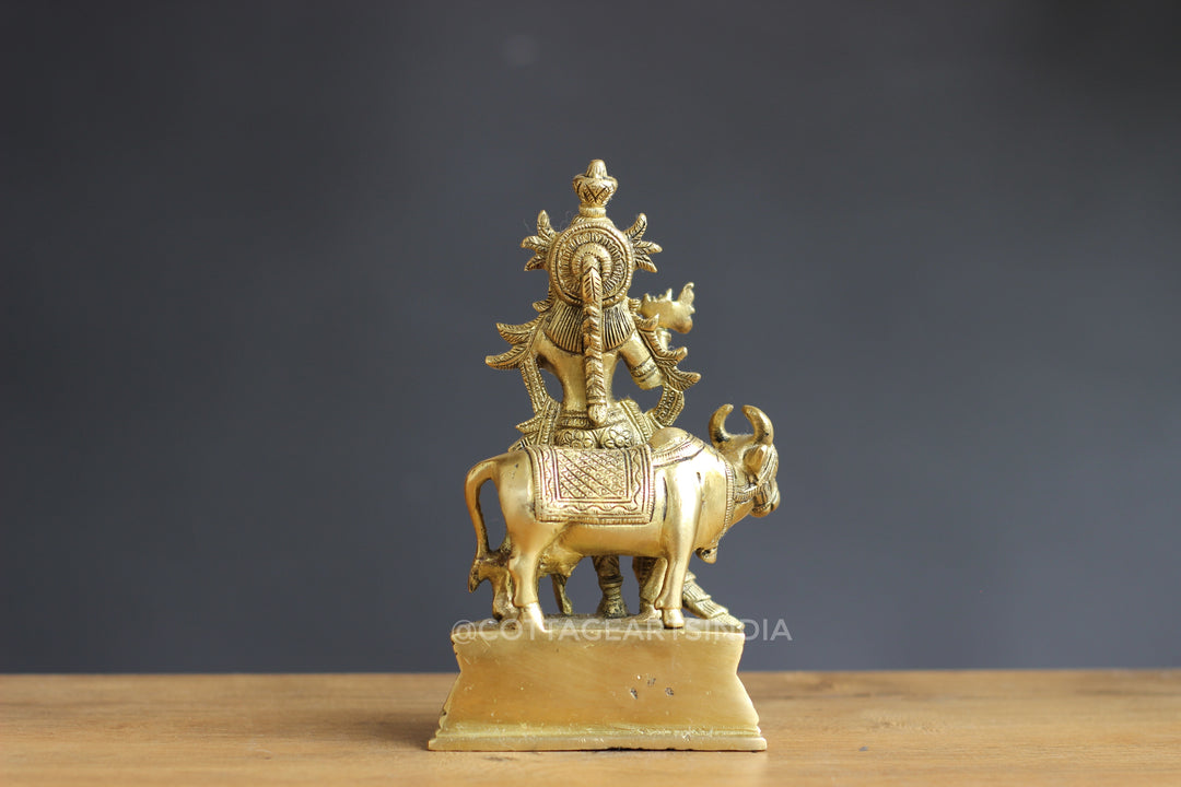 Brass Krishna with Cow 7"