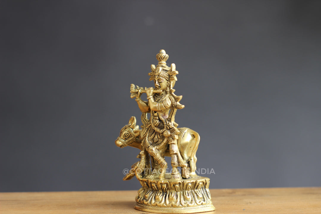 Brass Krishna with Cow 7"