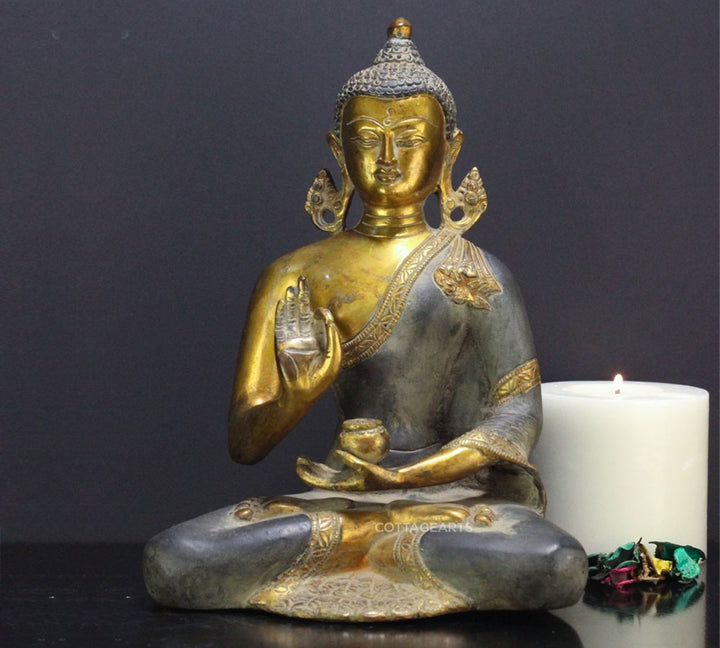 Brass Buddha Statue Antique Gold Finish 9 "