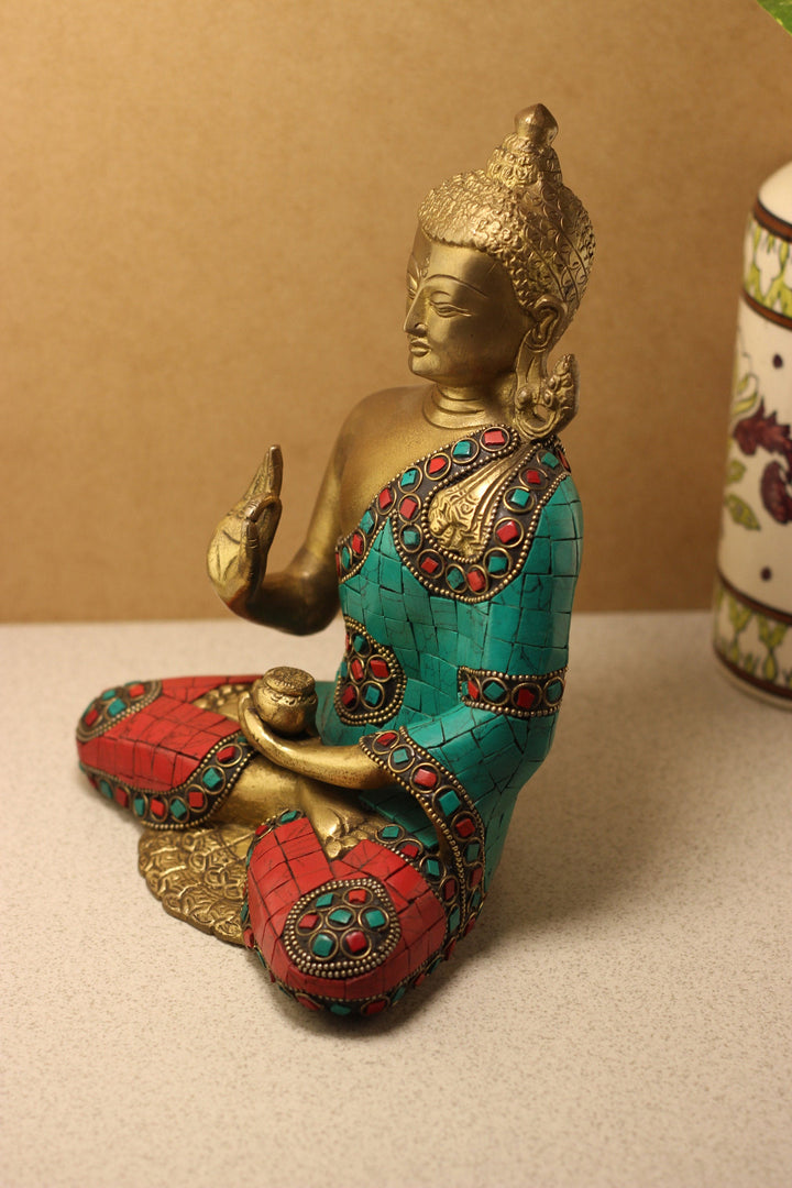 Brass Buddha Stone Work 9"