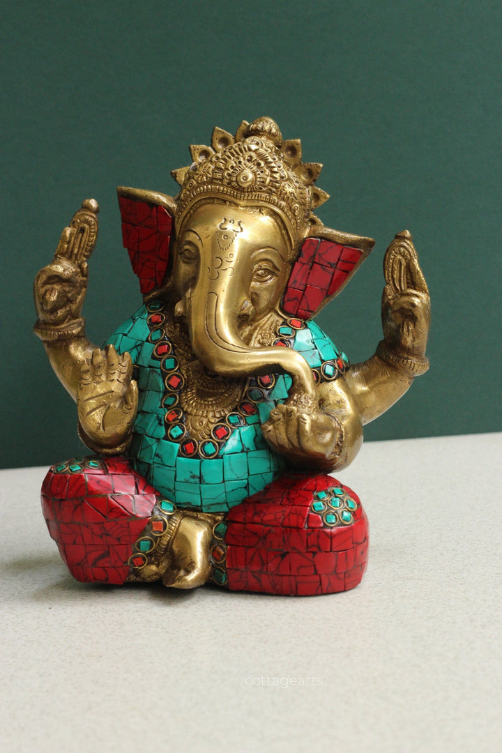 Brass Ganesha Stonework 7"