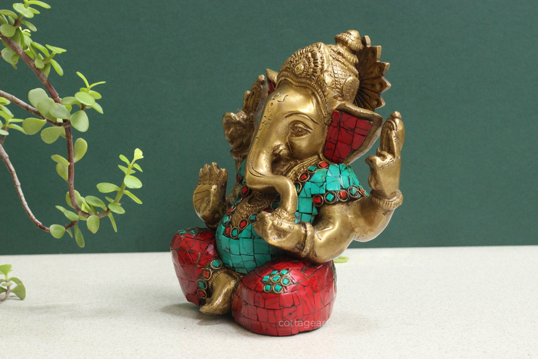 Brass Ganesha Stonework 7"