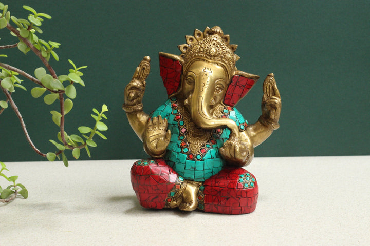 Brass Ganesha Stonework 7"