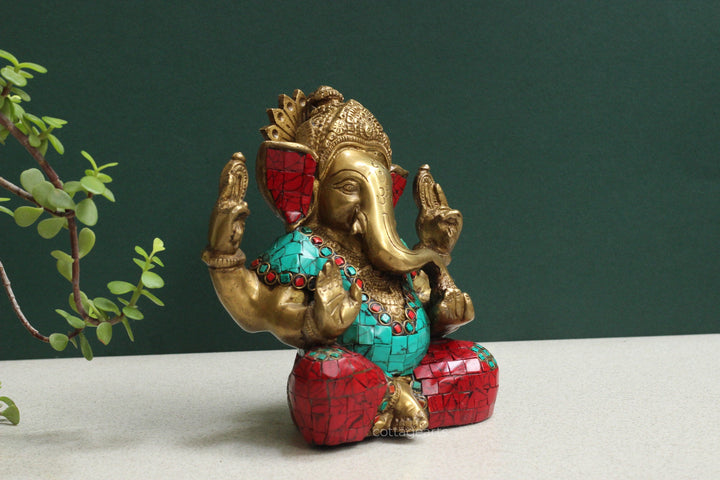 Brass Ganesha Stonework 7"